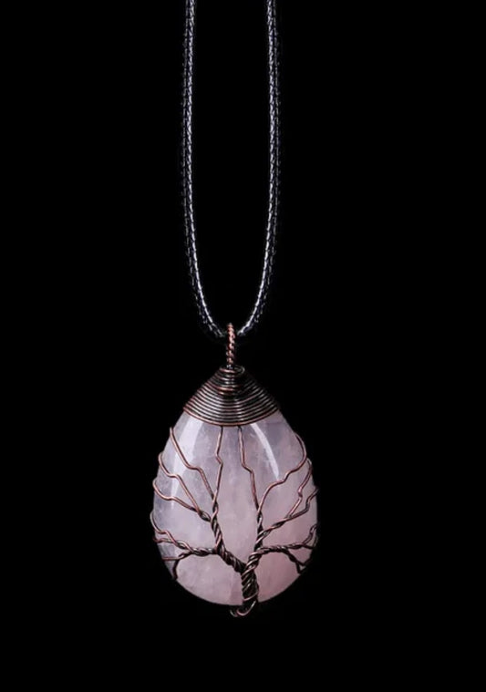 Collier et pendentif en quartz rose et arbre cuivré - Bonheur de Lune