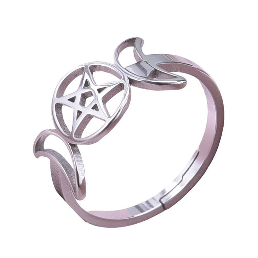 Bague acier inoxydable argenté Pentacle et Lunes - Bonheur de Lune