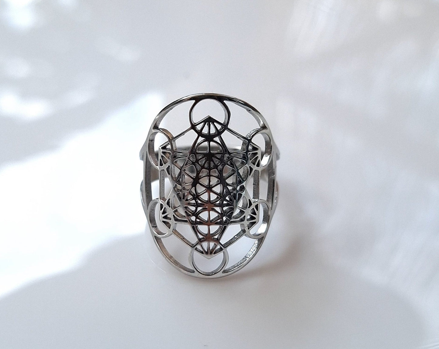 Bague acier inoxydable argentée Cube de Metatron 🔷 - Bonheur de Lune