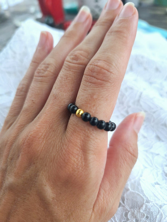 Bague Élastique en Pierres Naturelles d'Obsidienne Ancrage et Protection - Bonheur de Lune