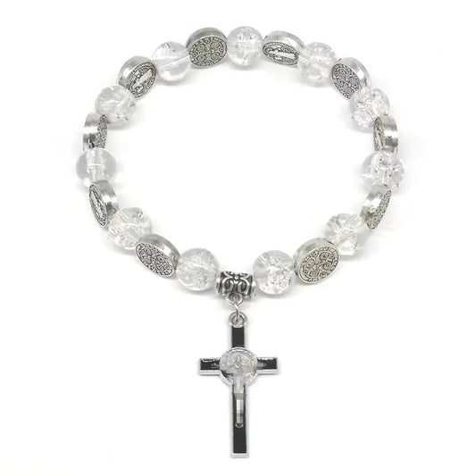 Bracelet métal Chretien Catholique avec Croix et perles transparentes - Bonheur de Lune