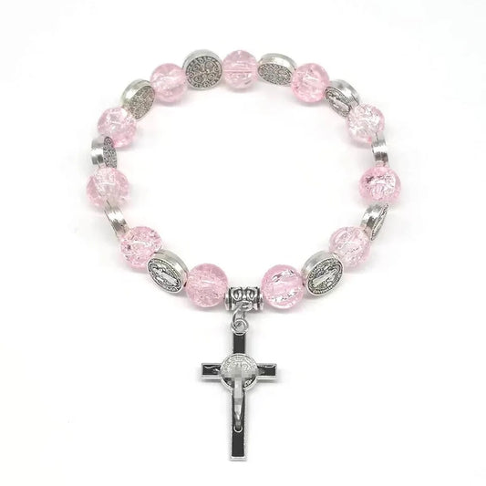 Bracelet métal Chretien Catholique avec Croix et perles roses - Bonheur de Lune