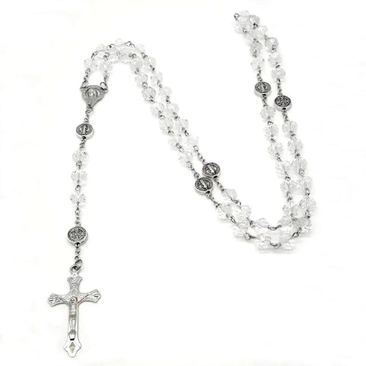 Chapelet de Communion en Perles de Verre - Collier Long avec Croix Chrétienne et Médaille Vierge Marie - Bonheur de Lune